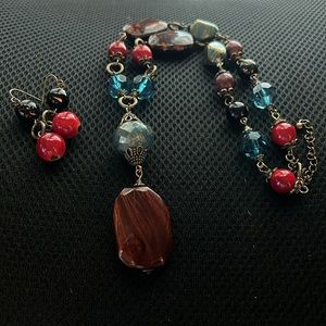 New Chunky Red Brown Green Princess "Y" Statement Necklace Earrings Gift box set